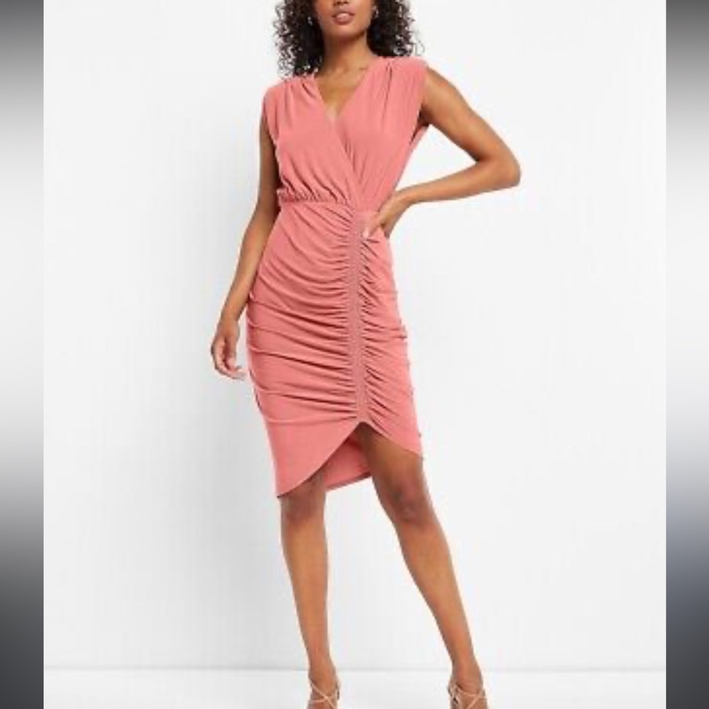 Express faux wrap v-neck ruched sheath dress